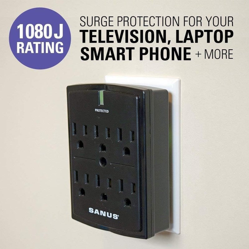 Sanus On-Wall Low Profile 1080J Fireproof Surge Protector with 6 AC Outlets & 3 Lines of Protection - Includes Power Signal Filtering Black - Image 2